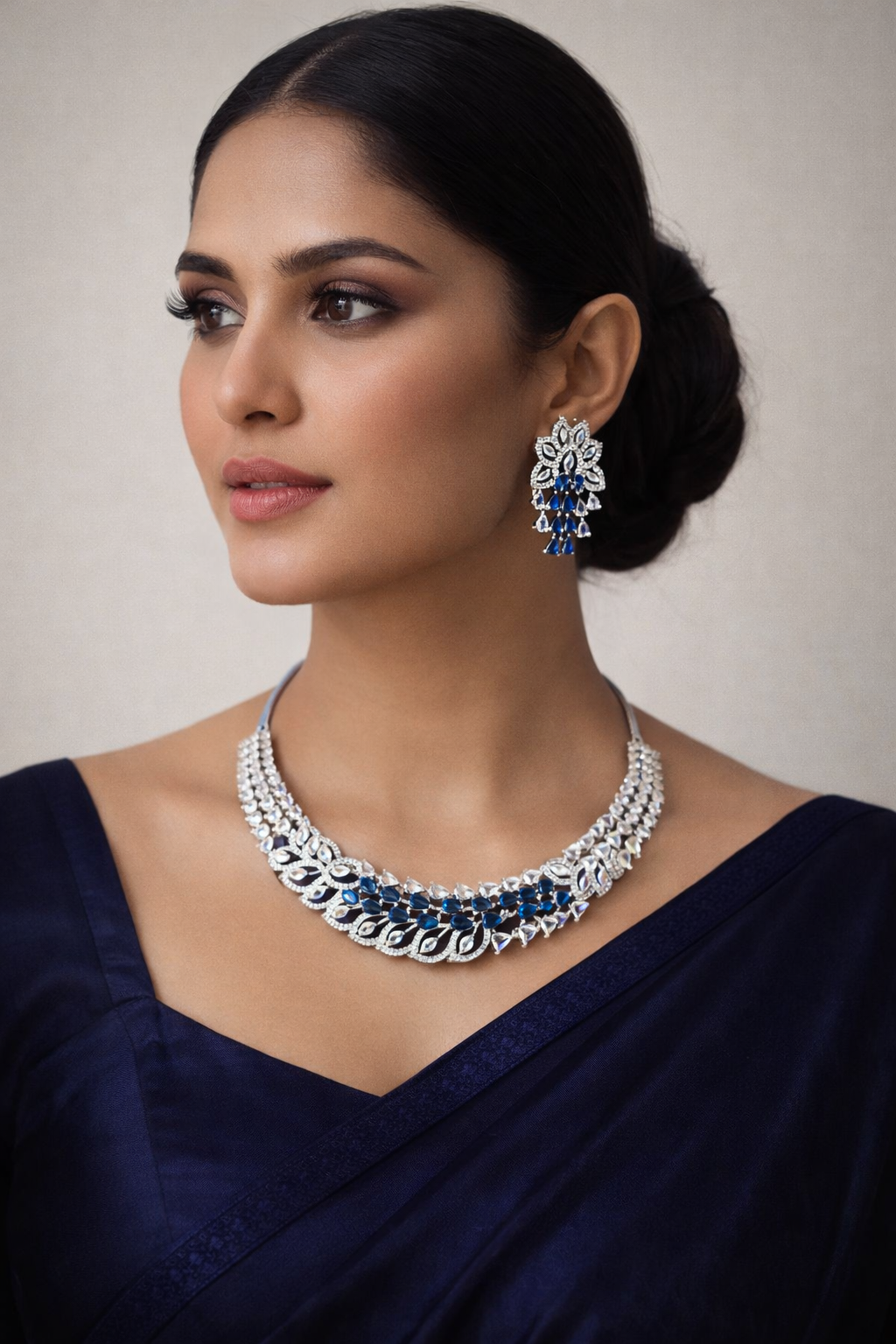 Annaya Blue Sapphire AD Necklace Set with Earrings - Image 2